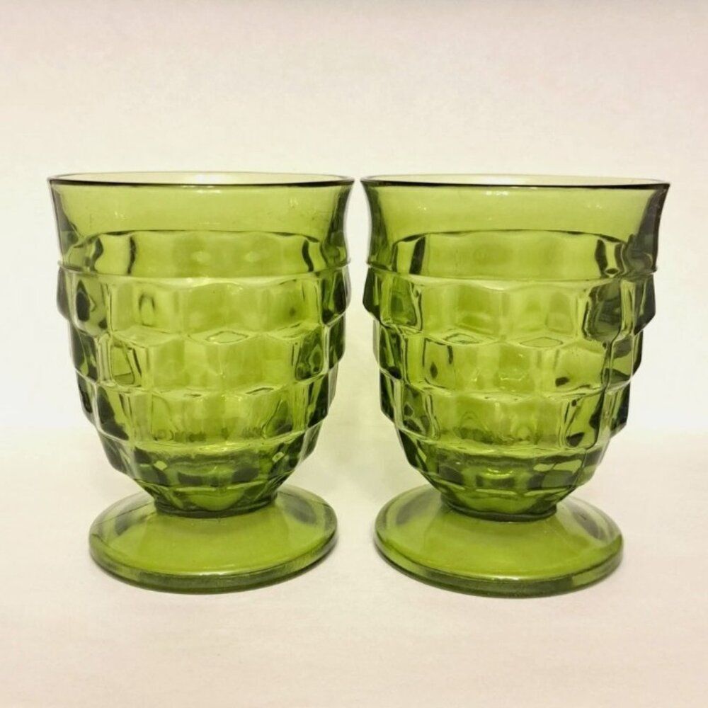 Vintage Indiana Glass Green Footed Cups Set of 2 Goblet Shape Heavy